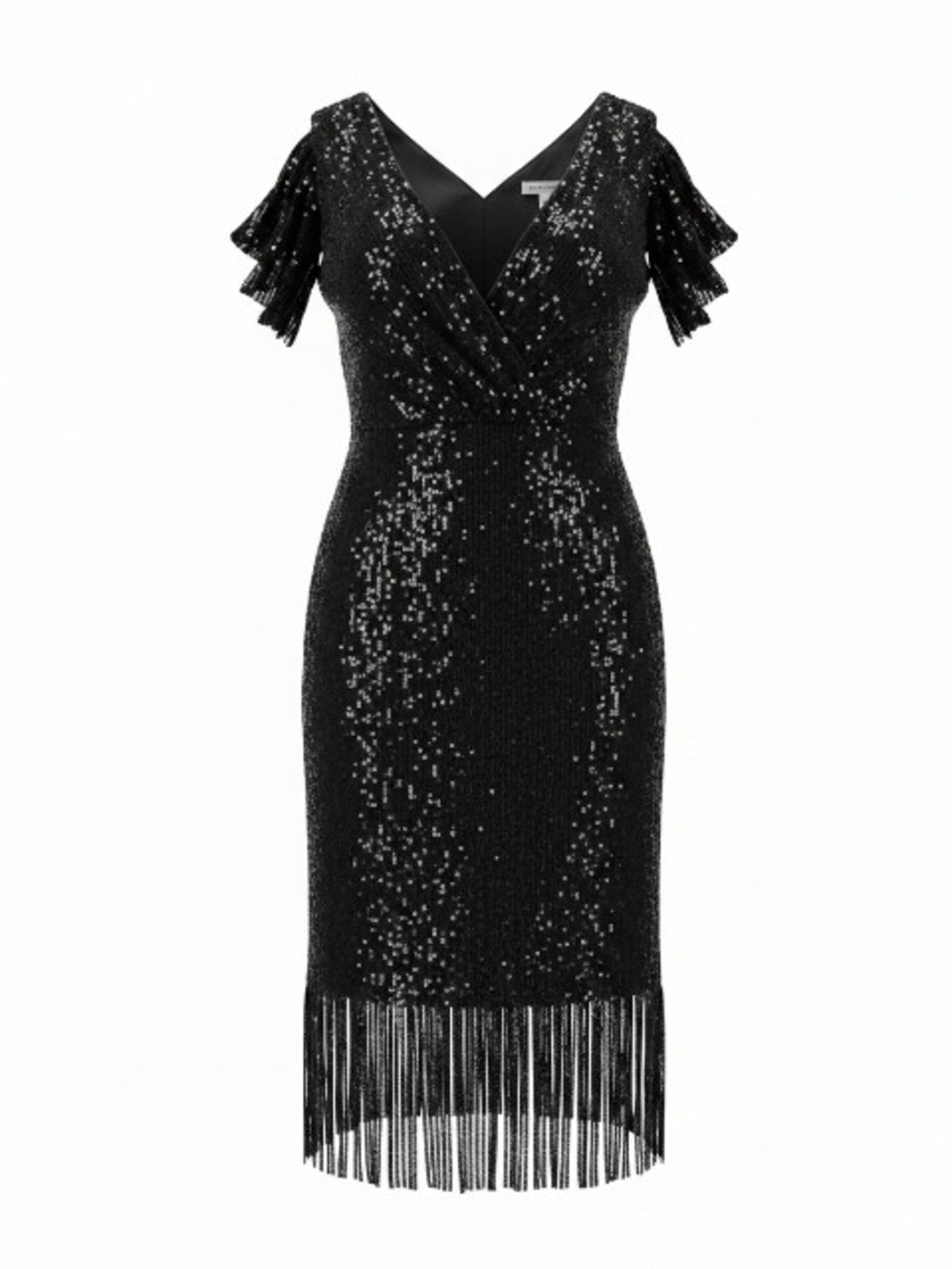 FERVENTE Women's Black Sequin Midi Dress with Fringe Hem